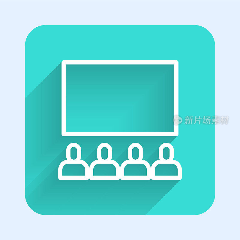 White line Cinema auditorium with screen icon isolated with long shadow. Green square button. Vector Illustration